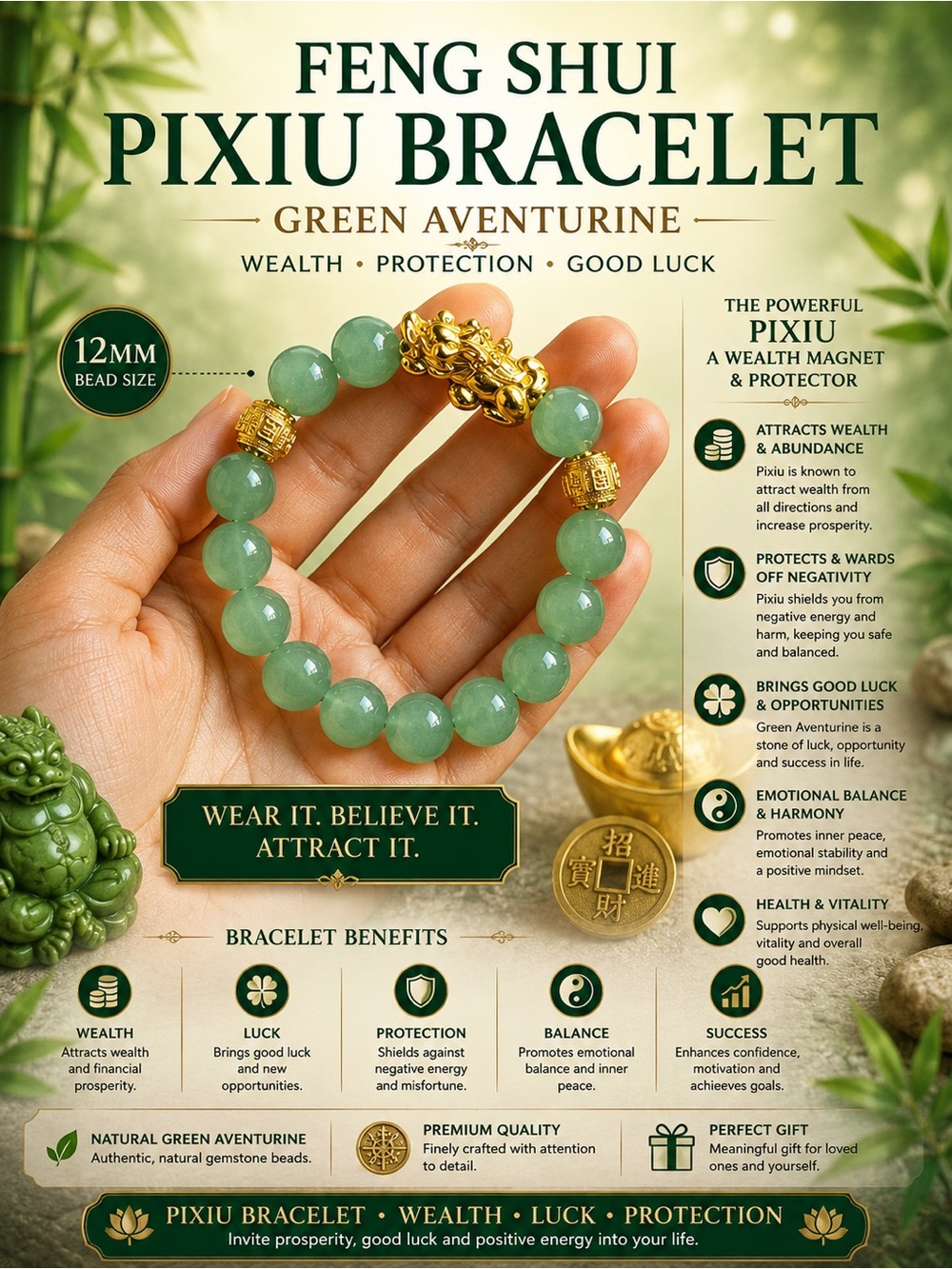 Feng Shui Pixiu Green Aventurine Bracelet - Green